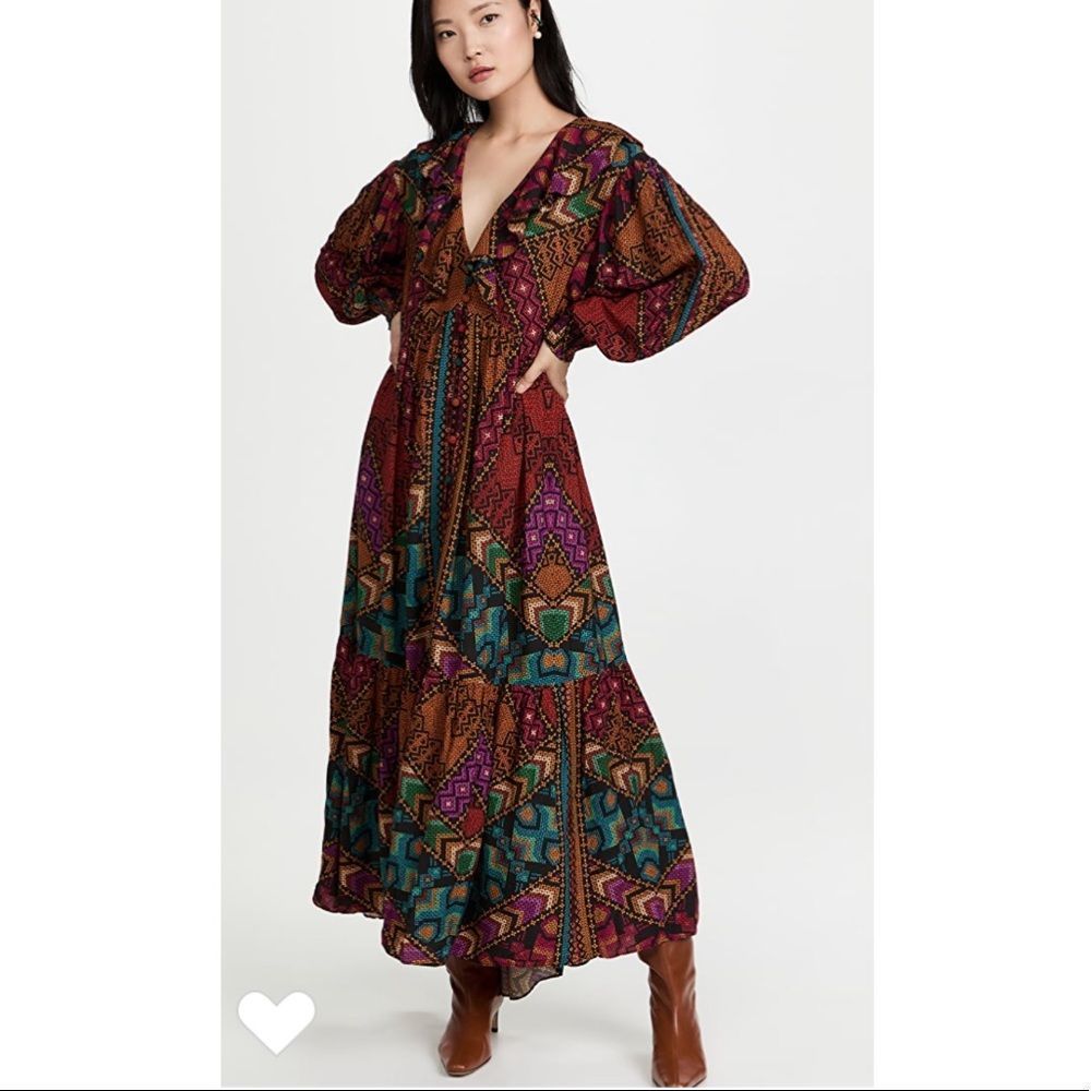 Farm Rio NWT Yawanawa Stripes Bohemian Multicolor Smocked Cuff Maxi Dress Large